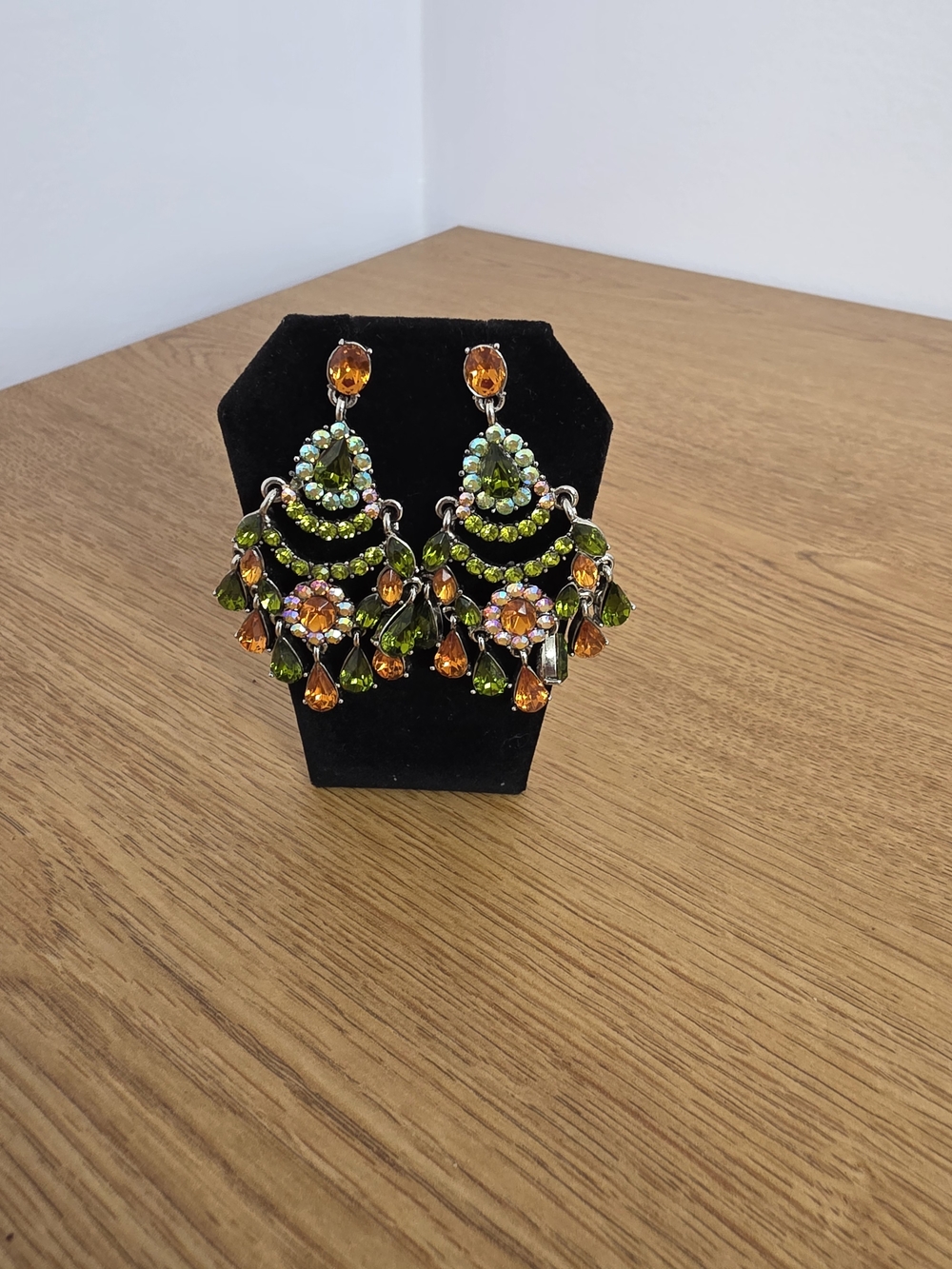 Green & Orange Crystal Rhinestone Chandelier Dangle Earrings Silver-Tone- Women